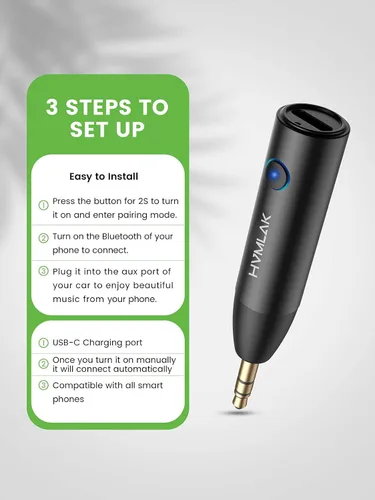 Vista 4 de HVMLAK Adaptador Bluetooth 5.3 Aux para Coche con Micrófono Mejorado, Jack de 3.5mm para Estéreo de Coche y Hogar, Carga USB-C, Estuche Resistente