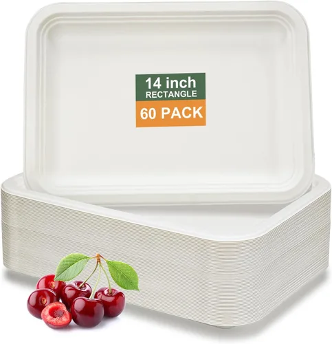Vista 14 de Paquete de 10 platos de comida, platos de papel rectangulares, aptos para microondas, a prueba de remojos, resistentes a cortes, compostables