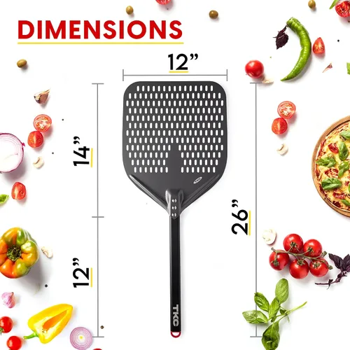Vista 4 de TKC Cáscaras perforadas de pizza de 12 pulgadas y 8 pulgadas – Pelar profesional de aluminio para pizza – Espátula de pizza de metal de mango largo