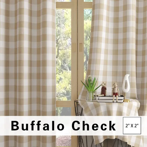 Vista 2 de UPOPO Cortinas de ventana Buffalo Check 122 cm de largo, cortinas de algodón para sala de estar, paneles de cortina a cuadros para dormitorio