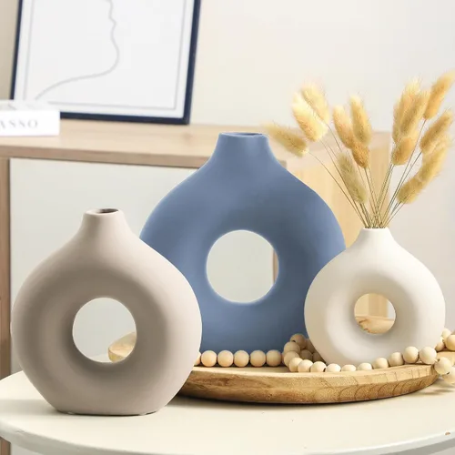 Vista 3 de Vanselia Jarrón de cerámica para decoración de mesa para el hogar, juego de 3 jarrones de flores pequeños para sala de estar, decoración