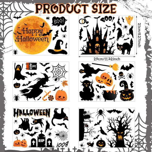 Vista 2 de Haull 6 hojas de calcomanías de pared de Halloween, calcomanías de pared reutilizables para ventana de Halloween, acuarela, bruja, murciélagos