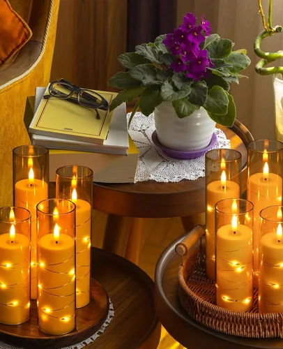 Vista 4 de ACROSS Velas de ámbar sin llama con tira de luces, funciona con pilas, velas LED de pilar de 5, 6, 7, 8 pulgadas, con control remoto, juego de 12