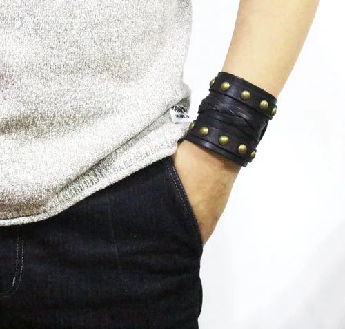 Vista 7 de Pulsera de cuero para hombres y mujeres, pulsera de aleación de cuerda trenzada punk