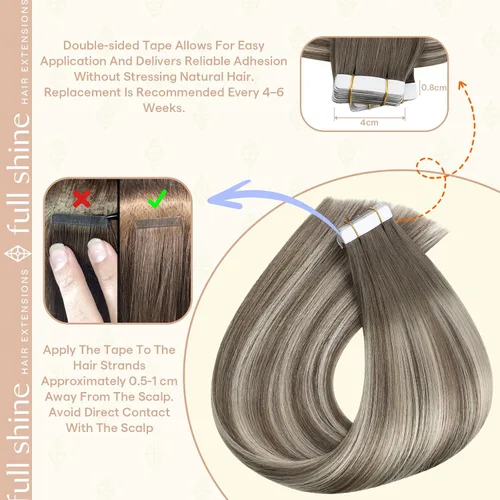 Vista 102 de Full Shine - Extensiones de cabello humano con cinta, mezcla de rubio hongo # 8 castaño ceniza resaltado 60 rubio ceniza