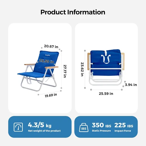 Vista 2 de SUNNYFEEL Silla de playa plegable, respaldo de silla de playa con reposabrazos y cojín de madera, silla de campamento ligera resistente para playa