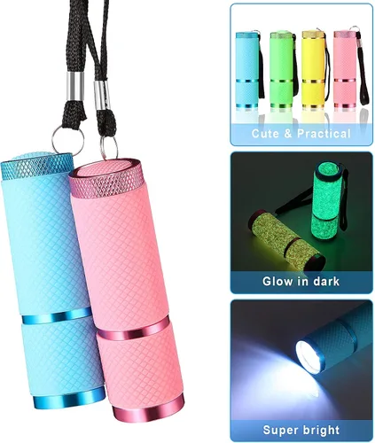 Vista 2 de Mudder Juego de 4 linternas que brillan en la oscuridad, 9 mini linternas LED recubiertas de goma con asa, linterna portátil LED de aluminio