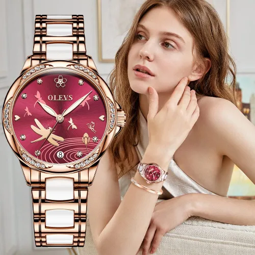 Vista 6 de OLEVS Relojes automáticos para mujer, mecánico, esfera de corazón, esfera de corazón, oro rosa, banda de cerámica, impermeable, luminoso, fecha