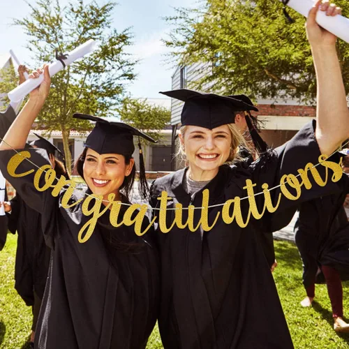 Vista 3 de Pancarta de felicitaciones con purpurina dorada para graduados, decoraciones de guirnalda de felicitaciones para la universidad 2025, decoraciones