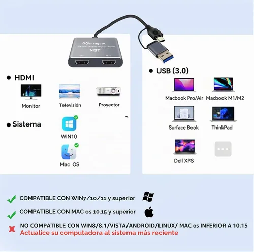 Vista 8 de Adaptador USB a HDMI para 2 monitores, USB 3.0 a HDMI dual para 3 monitores, USB a HDMI con dos displau HD compatible con Mac y Windows/Extensor