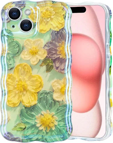 Vista 28 de IDweel Funda para iPhone 11, Lujosa Pintura al Óleo Retro Colorida con Patrón de Flores Brillantes Impresas, Lindo Borde Ondulado Rizado, Exquisita