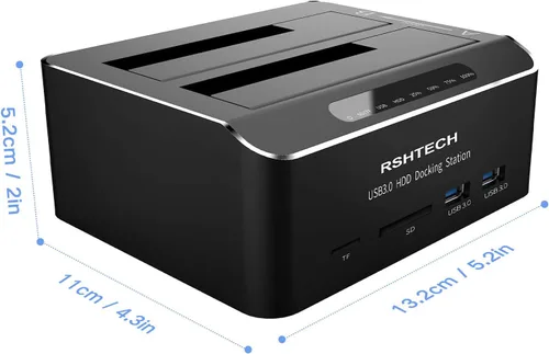 Vista 7 de Estación de acoplamiento para disco duro RSHTECH USB 3.0 Aluminio Dual Bay Hard Drive Dock para 2.5" y 3.5" SATA HDD SSD con lector de tarjetas