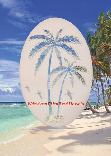 Vista 5 de Calcomanía ovalada de vinilo para ventana, diseño de palmeras inclinadas, 8 x 12 pulgadas, color blanco con elementos de diseño transparente