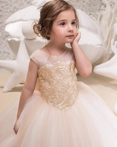 Vista 3 de Tulle Embroidered Flower Girls Dress Princess Sparkle Birthday Party Special Ocasion Dresses for Kids 2-12 Year Old