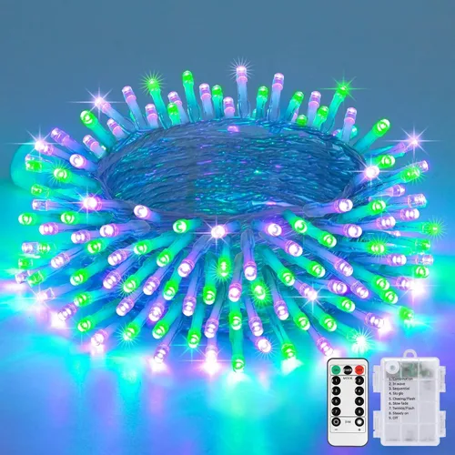 Vista 25 de JMEXSUSS Luces de Navidad multicolor que funcionan con pilas con 8 modos de control remoto, impermeables, 33 pies, 100 luces LED de Navidad