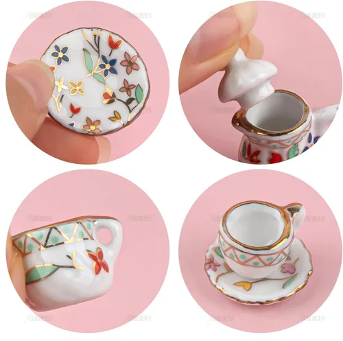 Vista 8 de AUEAR, Juego de 15 piezas de té de porcelana en miniatura 1:12 Miniatur Plato Taza Plato Accesorios Clásicos de Cocina (Patrón de Hoja Dorada)