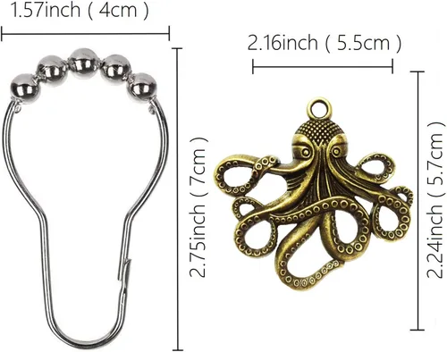 Vista 3 de Juego de 12 ganchos decorativos para cortina de ducha con pulpo, para el hogar, baño, criatura marina, bestia, bestia, acero inoxidable, anillos