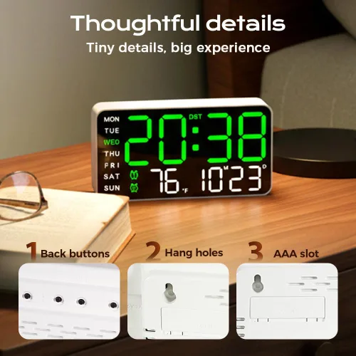 Vista 7 de Reloj de pared digital LED decorativo multifuncional, reloj digital grande que muestra la hora, fecha, temperatura, ajuste automático de brillo