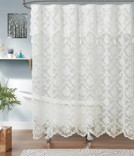 Vista 4 de ASATEX Cortina de ducha de encaje dorado. Cortina de baño de diseño floral clásico de 72 x 84 pulgadas con cenefa adjunta y borlas. Cortinas de Lino