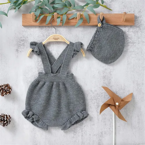 Vista 2 de TBUIALL Suéter de punto con volantes para bebés y niñas, con tirantes, con gorro, sudadera con capucha para niña
