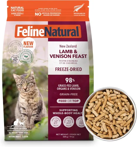 Vista 11 de Alimento para gatos seco de alta proteína Feline Natural, dieta liofilizada con 98% de carne, órganos y mariscos, sin guisantes, granos o aditivos