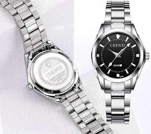 Vista 5 de Relojes para mujeres, cuarzo analógico, plateados, de acero inoxidable, luminosos, impermeables, reloj de vestir para damas negro (021 Black)