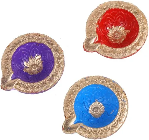 Vista 6 de SATVIK 12 piezas de arcilla multicolor Diya terracota Dia tradicional Puja Vilakku lámpara de aceite natural Mitti Diya luz de té bienvenida Diwali