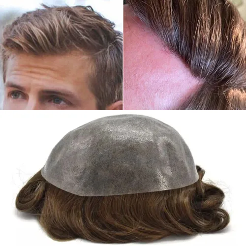 Vista 71 de PU Toupee para hombres pieza de pelo real sistema de reemplazo de cabello humano para hombres Toupee pieza de pelo para hombres piel polivinílica