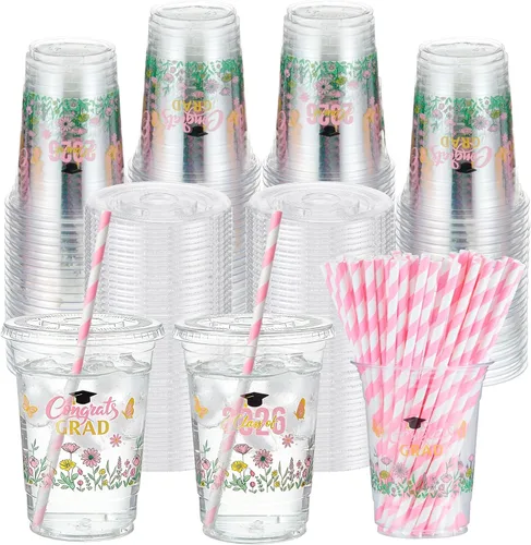 Vista 19 de Sliner 50 juegos de vasos de plástico a cuadros de 16 onzas con tapas y pajitas de papel, vasos desechables transparentes para fiesta de autos