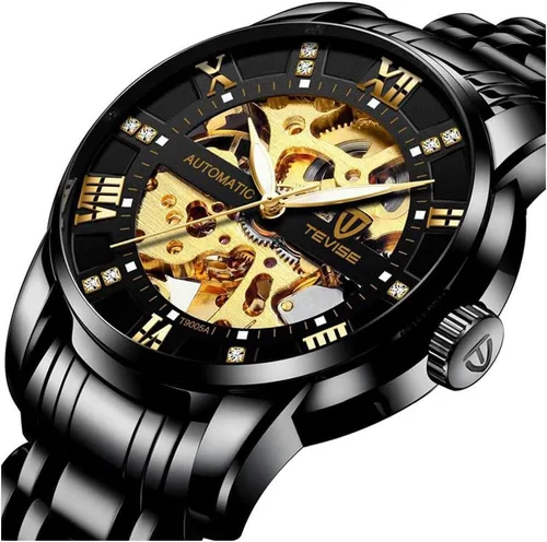 Vista 2 de Dentily Reloj mecánico de acero inoxidable para hombre, esqueleto automático, impermeable, relojes de negocios para hombres
