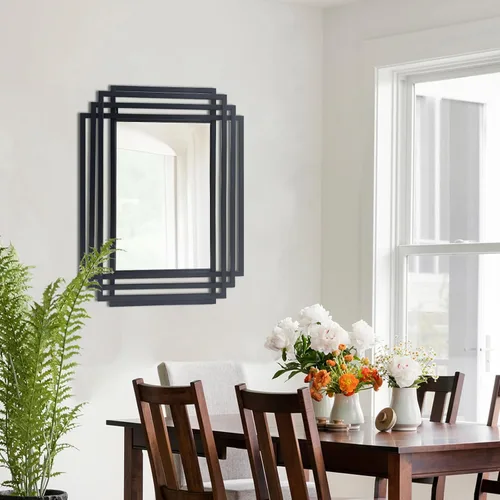 Vista 4 de Espejo de pared rectangular decorativo de 24 x 18 pulgadas con marco de metal negro Geometric Design, HD Mirror, Horizontal/Vertical Hanging, Art