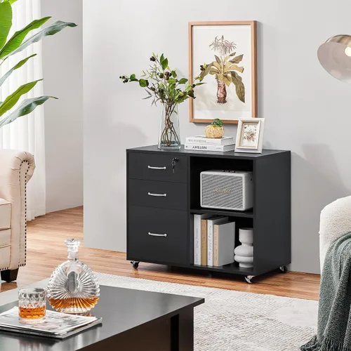 Vista 2 de Topeakmart Archivador negro con cerradura para letra A4, tamaño A4, archivador lateral de 3 cajones, soporte de impresora con compartimentos