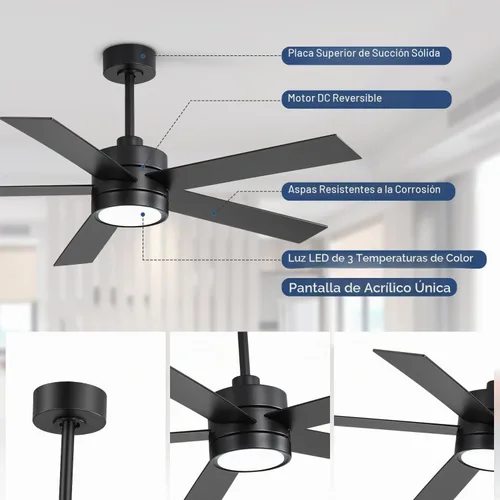 Vista 6 de Ventiladores de techo con luces y control remoto, ventilador de techo industrial de 52 pulgadas con motor de CC reversible, 6 velocidades, luz de 3
