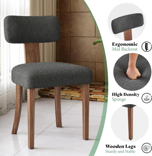 Vista 3 de AMERLIFE Juego de 2 sillas de cocina, sillas Boucle con respaldo y asiento curvados tapizados, marco de madera dura de estilo moderno, color gris