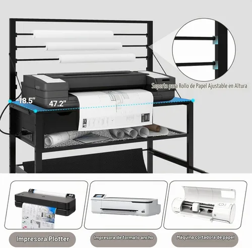 Vista 5 de Soporte para impresora de formato ancho Natwind, mesa de trabajo para plotter con almacenamiento extraíble para planos, soporte para papel en rollo