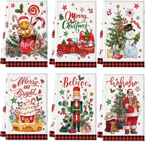 Vista 8 de Hosuly 6 Piezas Toallas de Cocina Navideñas Afroamericanas Paños de Platos de Santa Negro Toallas de Mano Navideñas Negras y Rojas Santa Ángel Acebo