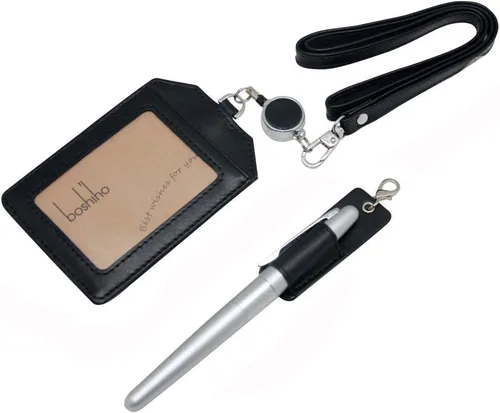 Vista 2 de boshiho - Soporte para tarjetas de identificación de crédito de piel auténtica con cordón elástico para el cuello, estilo vertical (negro)