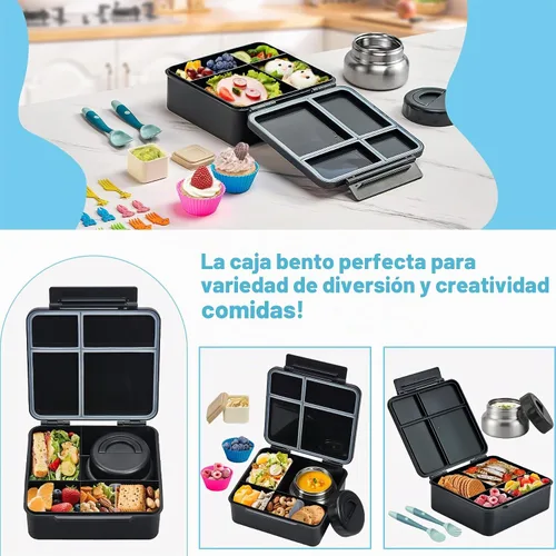 Vista 5 de Lonchera Bento con termo de sopa de 9.5 onzas, a prueba de fugas, 4 compartimentos, con cupcake de silicona, tenedor de frutas, cuchara y taza