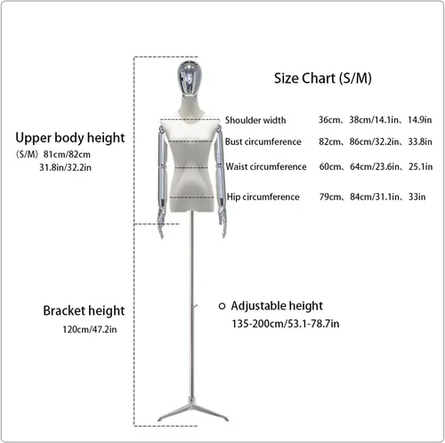 Vista 6 de Adjustable Medium Female Dress Form Mannequin Torso with Tripod, Detachable Arms & Head for Clothing, Jewelry Display & Sewing - Electroplated