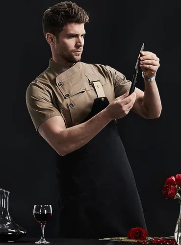 Vista 2 de Chaqueta de chef de moda para hombre, transpirable, con ventilación oculta, uniforme de chef (abrigo + delantal)
