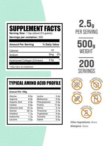 Vista 2 de BulkSupplements. com Pollo Colágeno en Polvo – Suplemento de colágeno hidrolizado, para cabello, piel y uñas – Sin sabor y sin gluten, 0.09 oz por