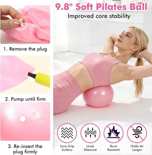 Vista 2 de Pilates Equipment Kit for Women, Pink Ring Ball Bands, Home Workouts 15 piezas