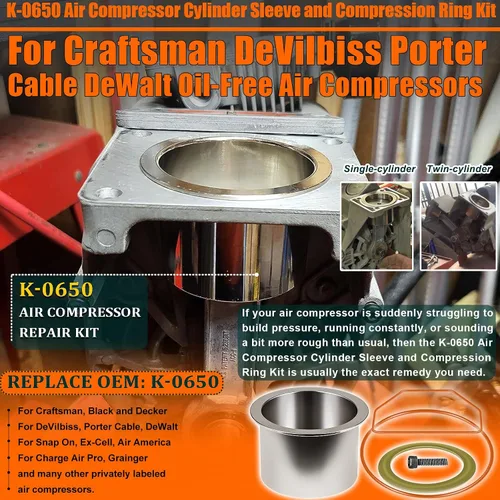Vista 2 de K-0650 Kit de funda de cilindro de compresor de aire y anillo de compresión para compresores sin aceite Craftsman DeVilbiss Porter Cable DeWalt