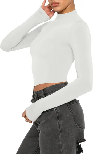Vista 2 de REORIA Camisetas ajustadas de manga larga con cuello alto falso para mujer