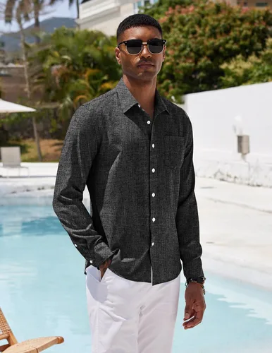 Vista 3 de COOFANDY Camisa casual con botones para hombre, camisa de cambray de lino de manga larga