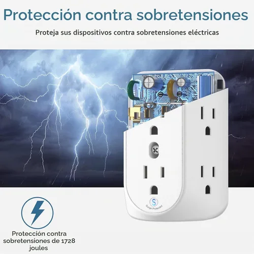 Vista 6 de LENCENT Regleta de alimentación con protector de sobretensiones de 2 clavijas, adaptador de toma de tierra de 2 clavijas a 3 puntas, toma