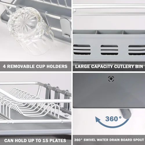 Vista 3 de Escurridor de platos con tabla de drenaje giratoria de 360° y boquilla de drenaje, escurridor de platos de aluminio inoxidable de 2 niveles