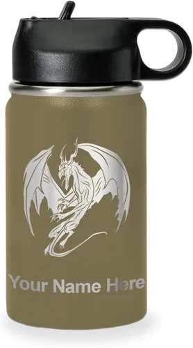 Vista 25 de LaserGram Botella de agua con tapa abatible de doble pared de 12 onzas con pajilla, dragón, grabado personalizado incluido (negro)