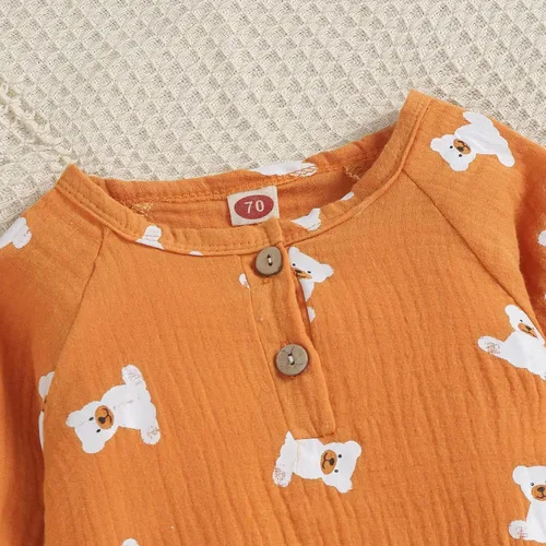 Vista 2 de Enterizo de una pieza para bebé recién nacido de lino y algodón con botones y estampado solar para bebé
