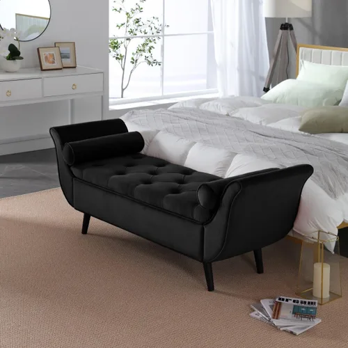 Vista 17 de Banco de terciopelo para dormitorio al pie de la cama, banco otomán tapizado con botones capitoné de 60.5 pulgadas con brazos curvos, otomán